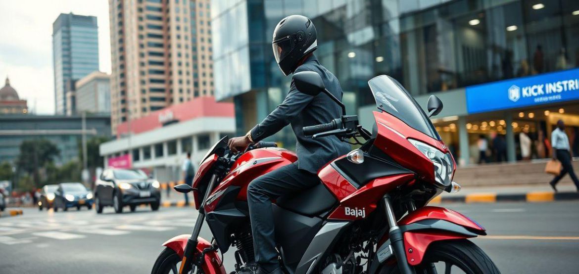 A shiny blue Bajaj Discover 125 motorcycle parked on a street in Nairobi, highlighting its sleek design and readiness for com