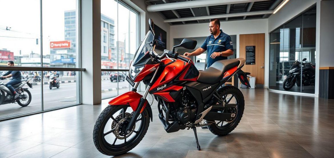 A lineup of new Bajaj Motorcycles, including Platina, Discover, and Pulsar models, displayed in the Prime Cycle Services show