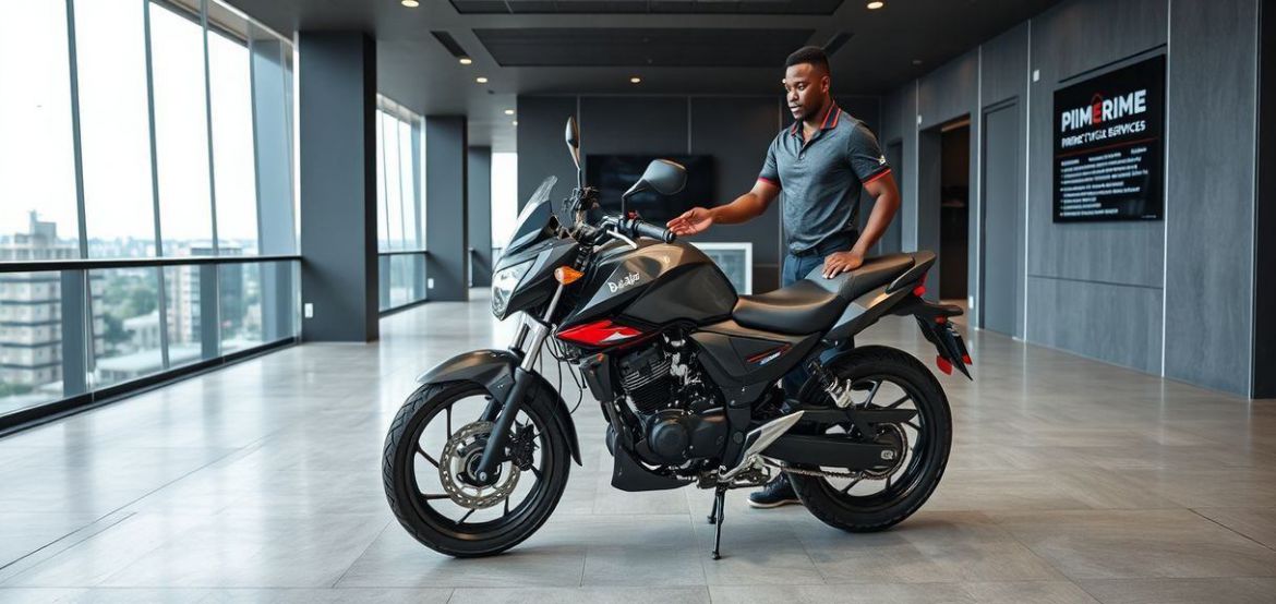 Customer test riding a motorcycle at Prime Cycle Services showroom in Nairobi