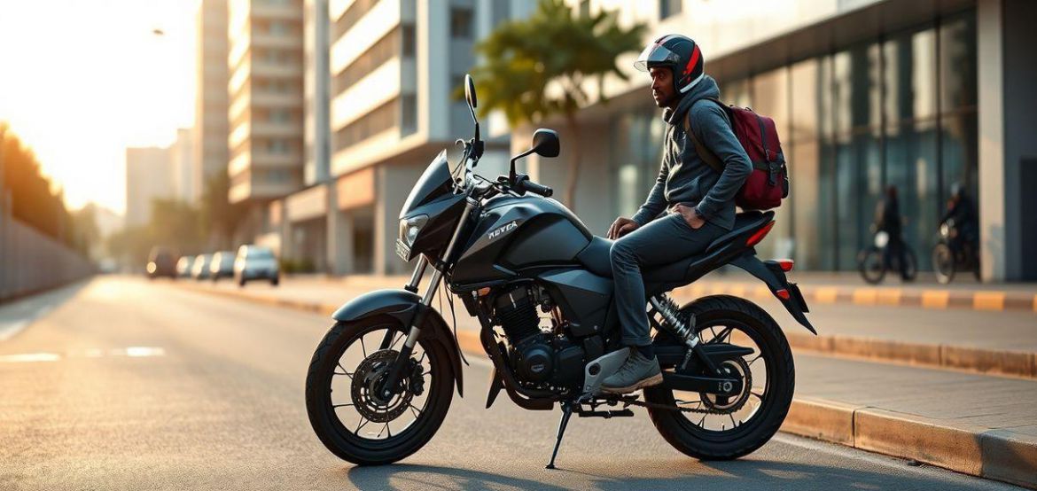 A rider on a fuel-efficient Commuter Bikes (100cc - 125cc) in Nairobi city traffic, highlighting urban mobility from Prime Cy