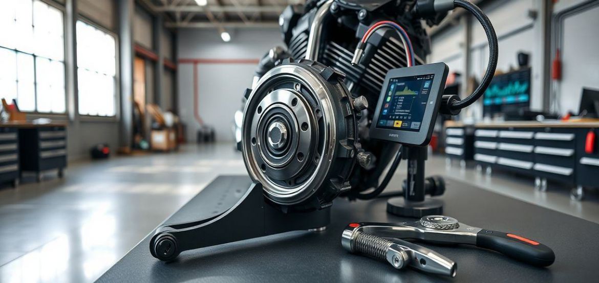 Certified technicians performing engine diagnostics on a motorcycle
