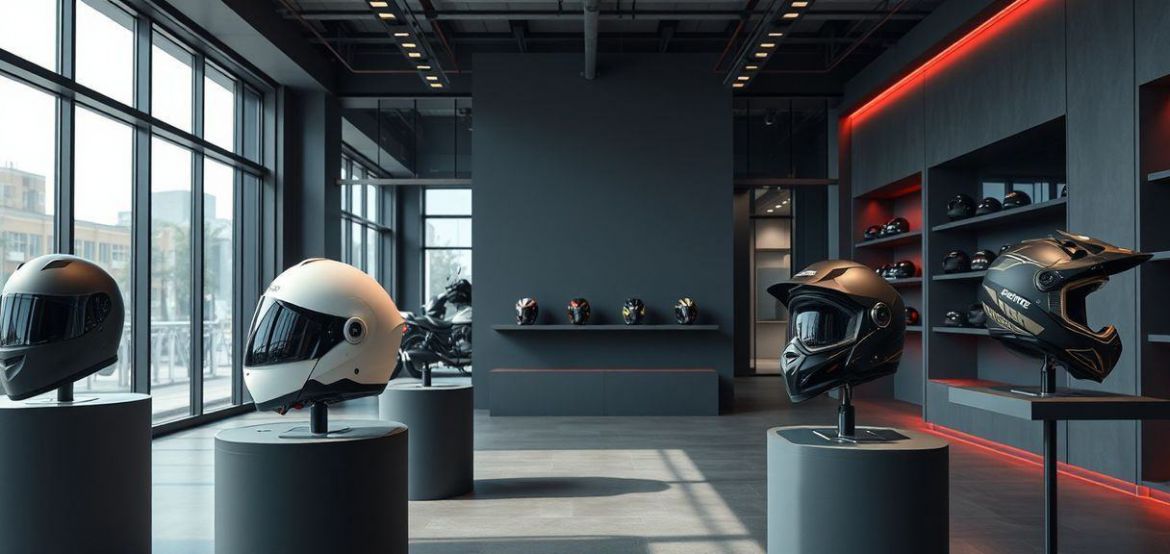 A variety of motorcycle helmets including full-face, open-face, modular, and off-road helmets for safety