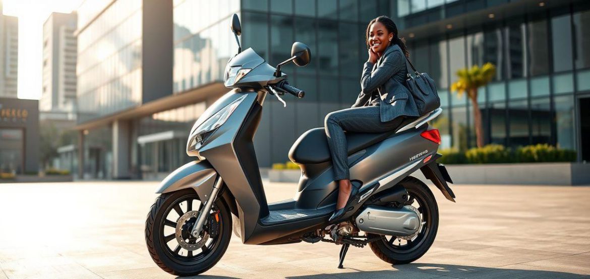Stylish Hero Maestro Scooter being ridden on a clean urban street in Nairobi, Kenya