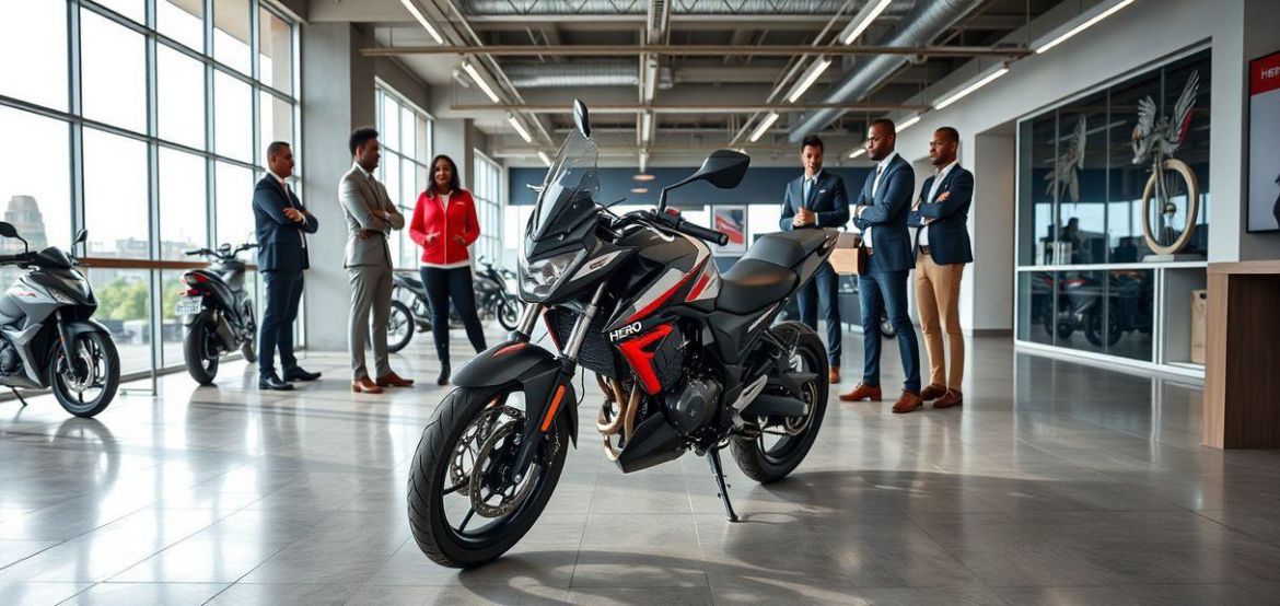 A lineup of new Hero Motorcycles, including HF Deluxe and Passion Pro, displayed at Prime Cycle Services in Nairobi, highligh