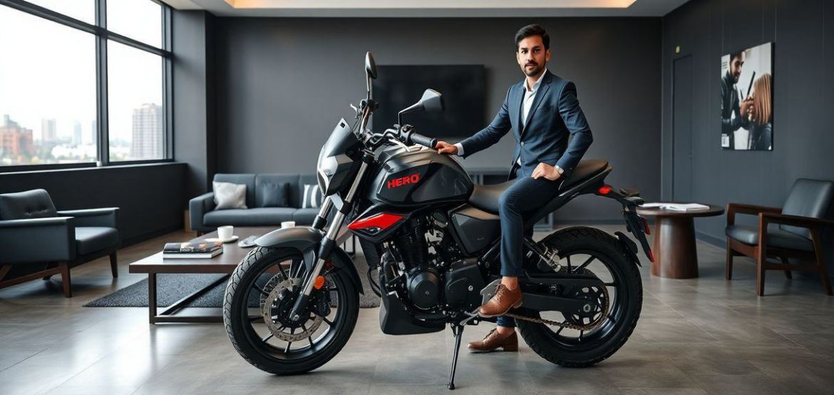 Image of Hero Passion XPro 110cc motorcycle being ridden on a city street in Nairobi, Kenya, by a smiling rider.