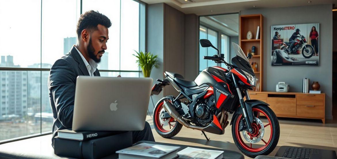 A sleek red and black Hero Xtreme motorcycle being ridden on a city street in Nairobi, showcasing its dynamic design.