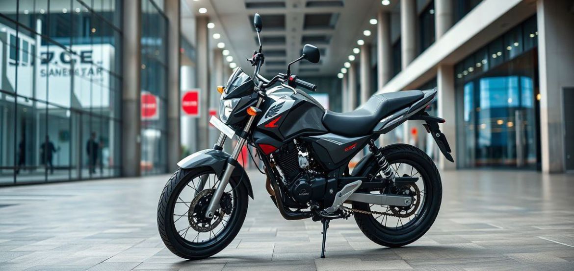 A shiny new Honda Ace CB125 motorcycle parked in Nairobi, highlighting its commuter design and Prime Cycle Services branding.