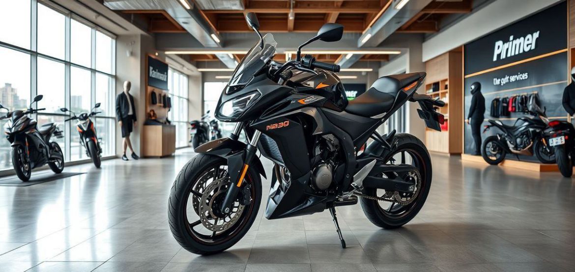 A sleek green Kawasaki motorcycle parked in a vibrant Nairobi urban setting, representing premium bikes from Prime Cycle Serv