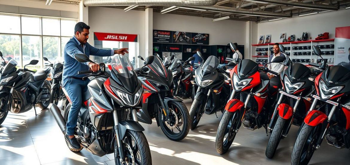 A range of new motorcycles displayed in the Prime Cycle Services showroom in Nairobi, Kenya.