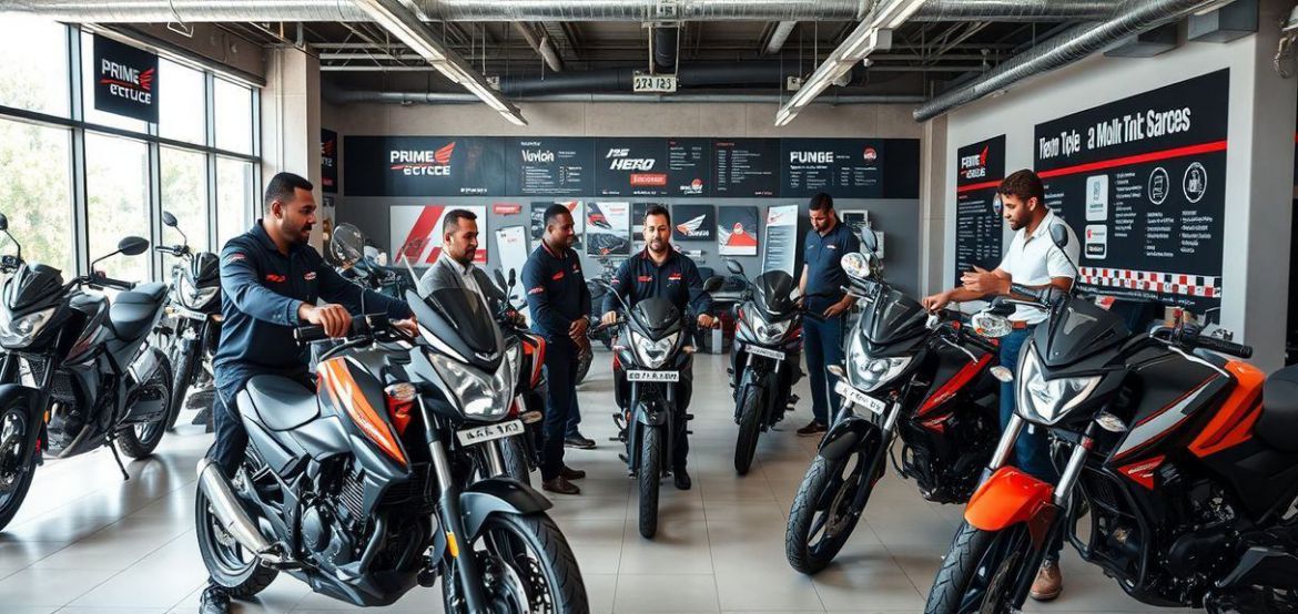 Group photo of the Prime Cycle Services team in a motorcycle showroom, smiling and ready to assist customers with their bike 