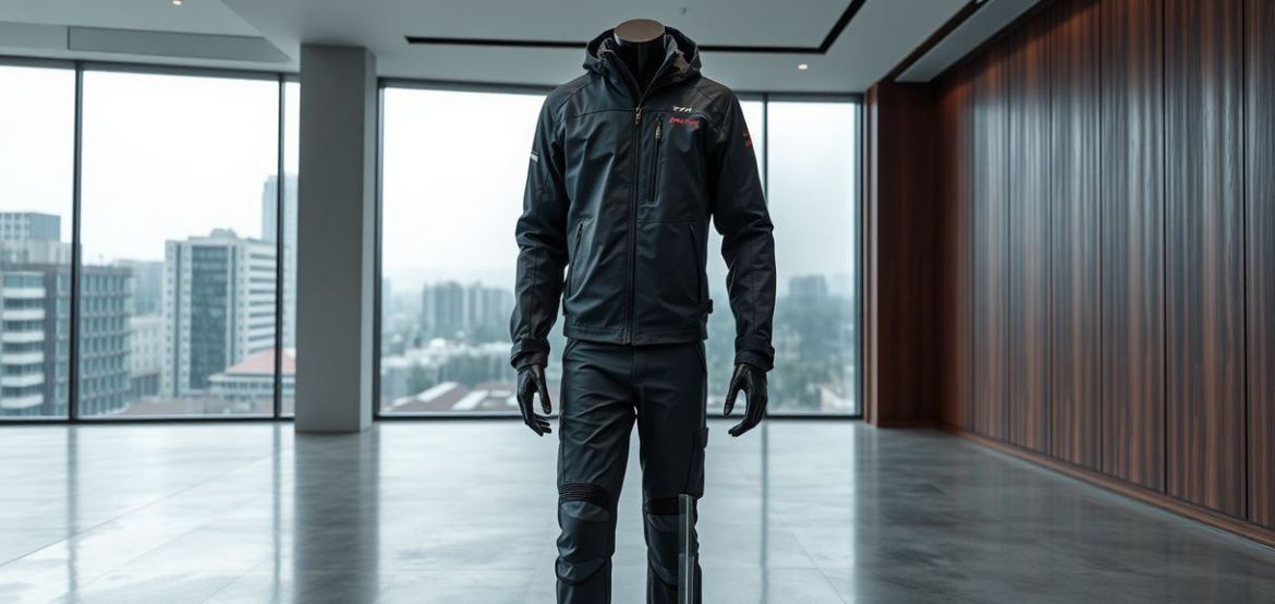 Motorcycle rider wearing waterproof rain gear on a wet road