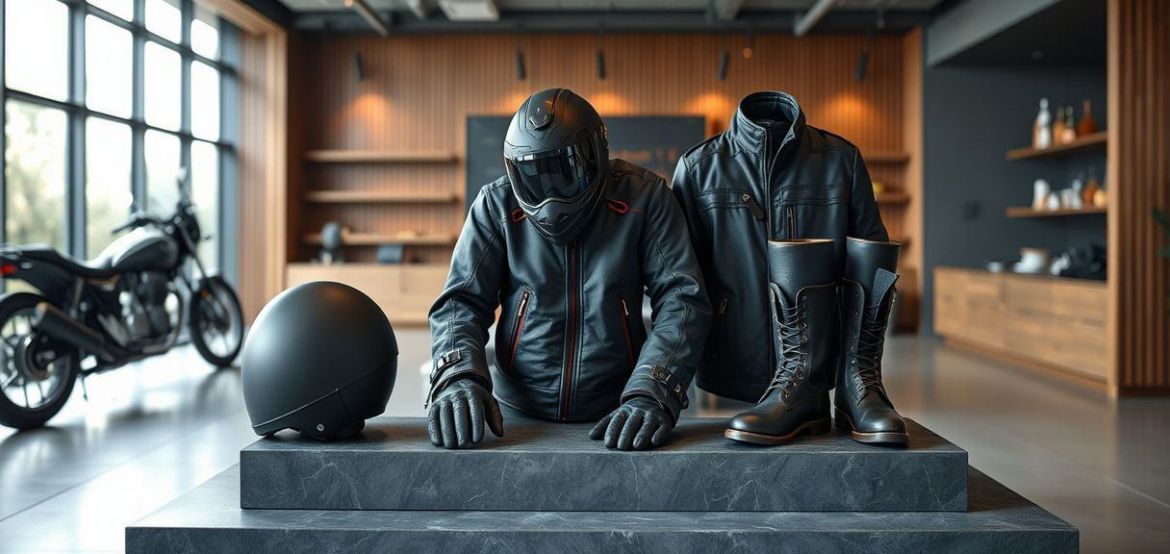 Motorcycle riding gear including helmets, gloves, boots, and jackets