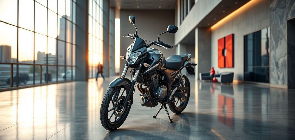 A new Suzuki EN125HU motorcycle parked in front of Prime Cycle Services in Nairobi, highlighting its sleek design and reliabl