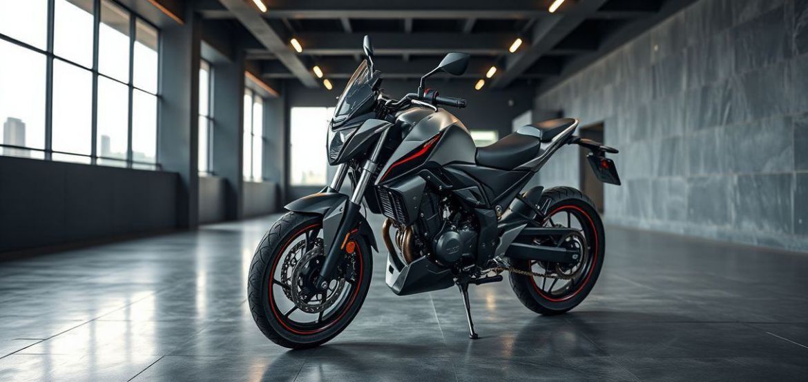 Dynamic TVS Apache motorcycle parked in a vibrant Nairobi urban setting, showcasing its sporty design and powerful stance.