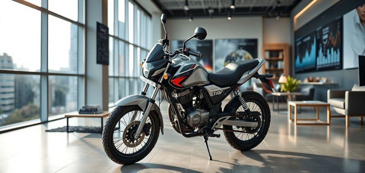 A red TVS Star Basic (With Alloy) motorcycle parked on a street in Nairobi, Kenya, with city buildings in the background.