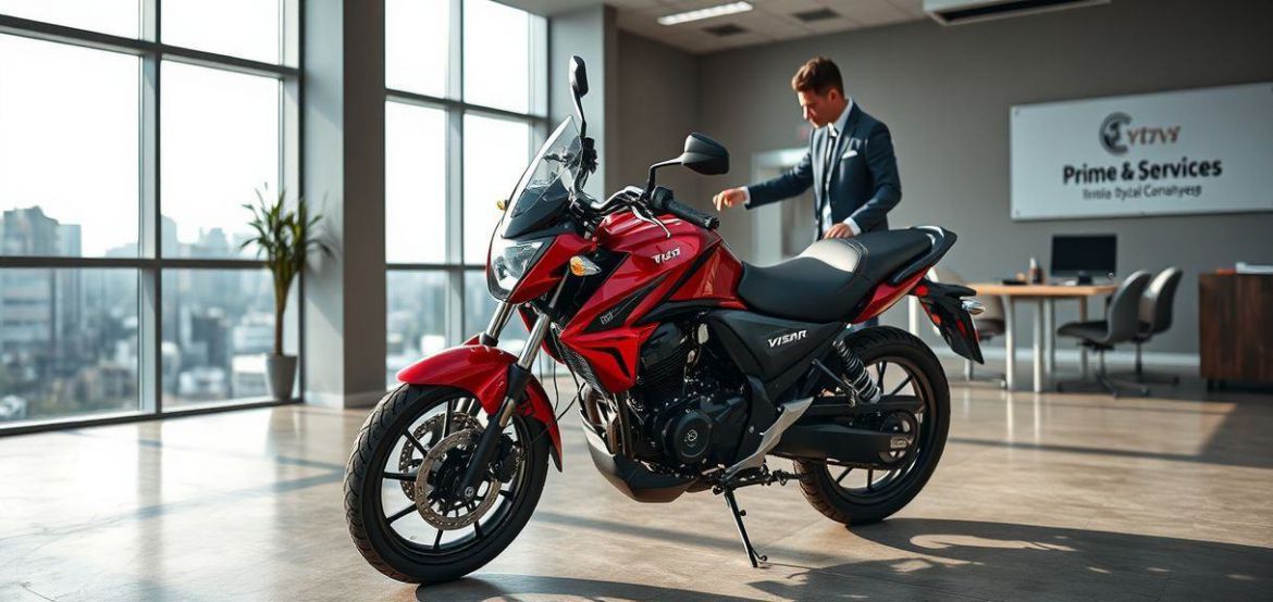 A red TVS Victor GLX motorcycle being ridden on a paved road in Nairobi, Kenya, with city buildings in the background.