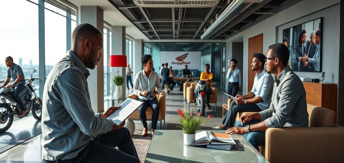 A satisfied customer receiving keys to a new motorcycle from a Prime Cycle Services staff member in Nairobi.