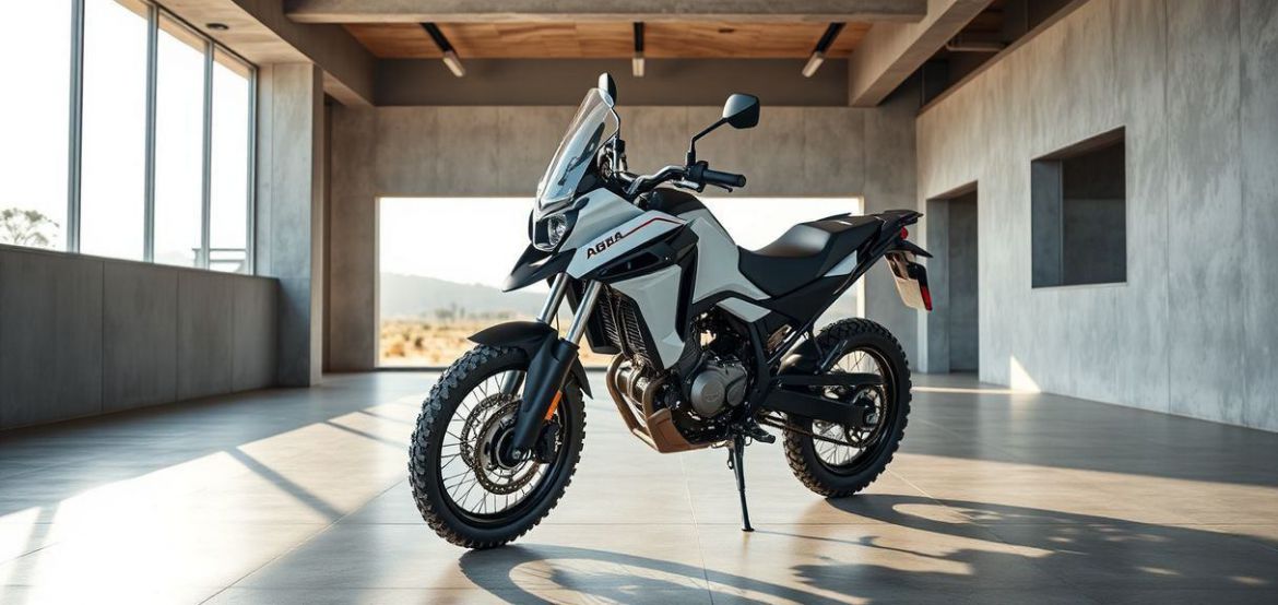 A Yamaha AG Series motorcycle riding on a rugged dirt road in rural Kenya, showcasing its off-road capability