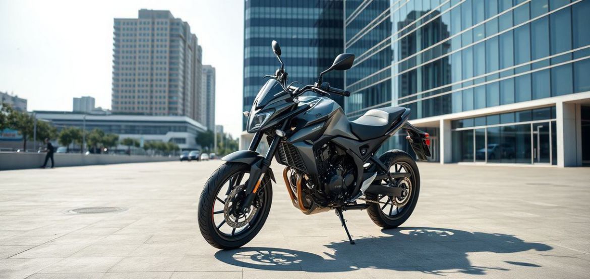 A silver Yamaha Crux motorcycle parked on a street in Nairobi, Kenya, with city backdrop, showcasing its reliable design.