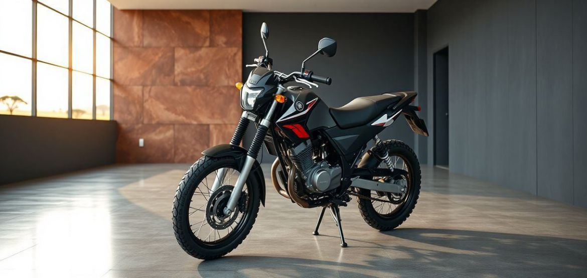 Blue and white Yamaha DT 125 dual-purpose motorcycle parked on a dirt trail in Kenya, showing its off-road capability.